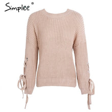 Load image into Gallery viewer, Simplee Casual o neck knitted sweater women jumper Lace up sleeve knitting pull femme 2019 autumn winter sweater pullover female