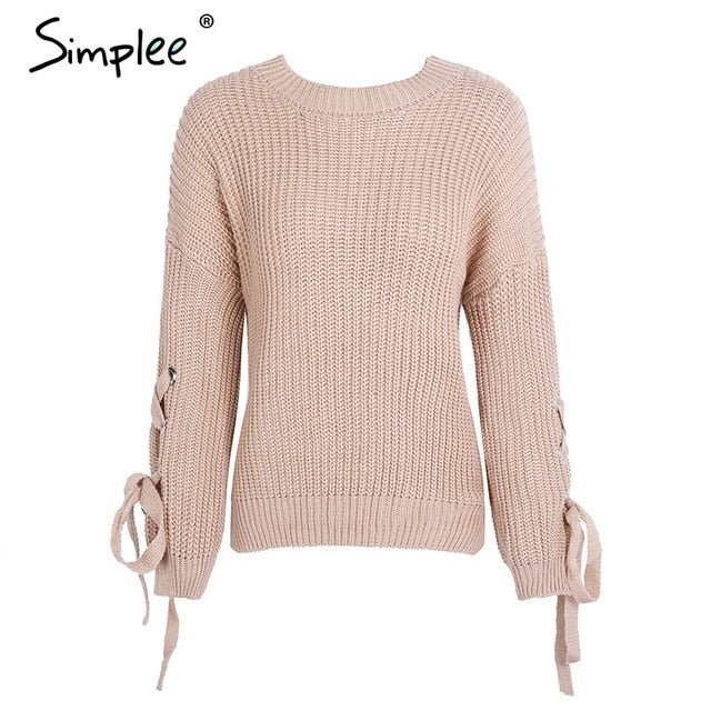 Simplee Casual o neck knitted sweater women jumper Lace up sleeve knitting pull femme 2019 autumn winter sweater pullover female