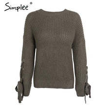 Load image into Gallery viewer, Simplee Casual o neck knitted sweater women jumper Lace up sleeve knitting pull femme 2019 autumn winter sweater pullover female