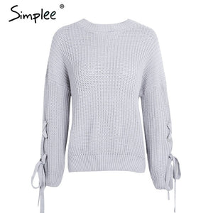 Simplee Casual o neck knitted sweater women jumper Lace up sleeve knitting pull femme 2019 autumn winter sweater pullover female