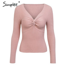 Load image into Gallery viewer, Simplee Criss cross v neck knitted sweater women Long sleeve winter 2018 pullover All match jumper pull femme pink sweater